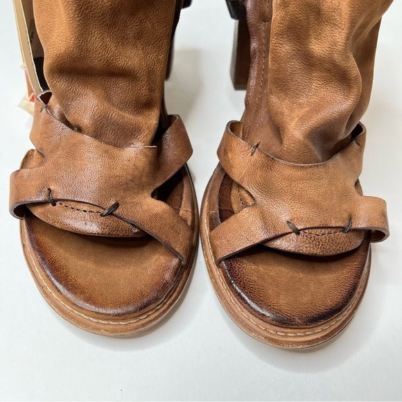 NEW A.S.98 Cognac Brown Distressed Leather Slouchy Strap Western Sandals Heels - Picture 2 of 14